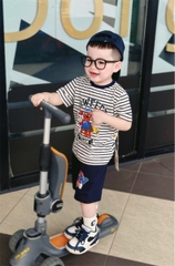 BN090- Bộ thun kẻ xanh than PAW mix quần chân cua