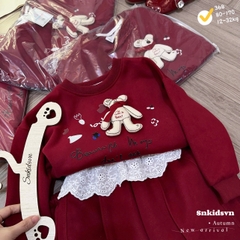 Bt758- Bộ nỉ đỏ viền ren trắng đính gấu nổi chất nỉ hai da cao cấp