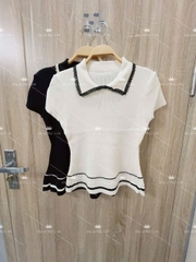 A363- Áo len dáng ôm viền ren Quảng Châu 2 màu đen- be