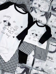 SET771- Bộ mặc nhà gia đình  áo thun quần kẻ suông dài đen trắng