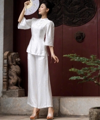 SET444-Set pháp phục trắng gấm lụa phối cúc tết