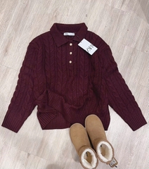 A334-Áo len thừng màu đỏ đô cổ bẻ