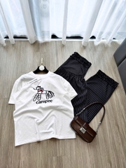 SET904-SEt áo thun cộc trắng phối quần suông kẻ dài đen trắng