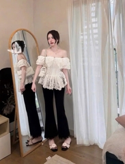 QUAN124- Quần loe đen phối nơ gấu vải umi co dãn mềm dài 102cm