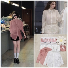 A124-Áo sơ mi tơ xếp ly ngực 2 màu hồng trắng