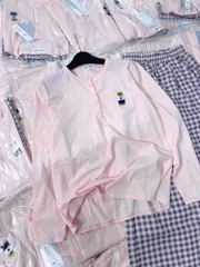 Set756- Bộ mặc nhà áo thun hồng dài tay phối quần suông kẻ