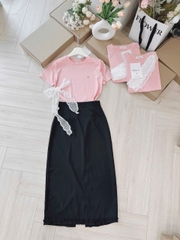 Set763- Set áo thun xước hồng phối chân váy midi đen Tặng kèm nơ ren