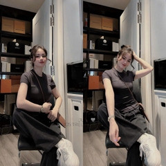 SET481-Set bộ chữ thêu BAD tăm nhung màu ghi đậm quần bom