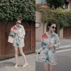 SET676-Set voan hoa áo dài tay quần cộc 2 lớp màu sáng