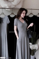 Dam194-Đầm xòe dáng dài cổ tim 2 màu đen-XÁM chất ZIP