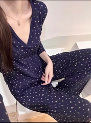 Sey1055-Set mặc nhà áo dài tăm hoa xanh than phối quần suông