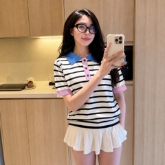 A668-Áo len dệt kim cộc tay kẻ đen phối cổ hồng