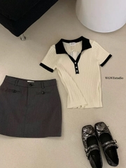 A310- Áo polo len dệt kim cộc tay vải tăm 2 màu đen trắng