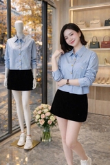 A512-Áo sơ mi tay lỡ xanh biển thêu tay mẫu mới