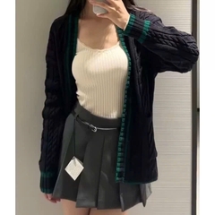 A342-Áo len cadigan vặn thừng bo viền 2 màu be than