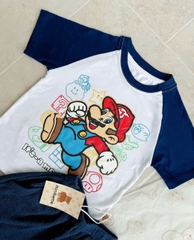 BT525- Bộ ao cotton trắng phối Mario mix quần cua tăm bé trai