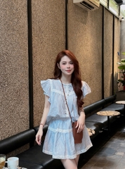SET1030- Set áo babydoll phối ren kẻ xanh kèm chân váy