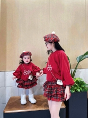Bt743- set váy nỉ haida đỏ mix CV kẻ kèm mũ nồi bé gái