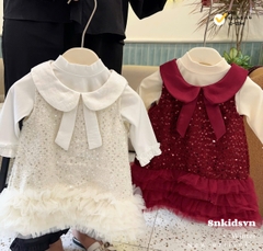 Bt791- set đầm Nơ  dạ bé gái bè màu đỏ 2 lớp CV có lót