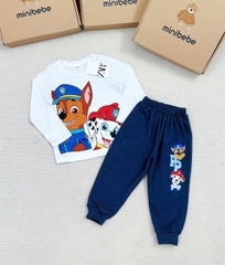 BN187-Bộ côtton thu đông dài tay bé trai CỨU HỘ TRẮNG XANH VNXK