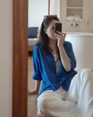 Set677-Set áo đũi xanh coban mix quần đũi màu be suông