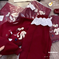 Bt758- Bộ nỉ đỏ viền ren trắng đính gấu nổi chất nỉ hai da cao cấp