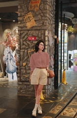 A124-Áo sơ mi tơ xếp ly ngực 2 màu hồng trắng