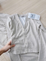 Set786- Set áo díp lông thỏ cổ V phối quần suông dài màu nâu