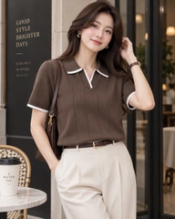 A744-Áo len dệt kim cộc tay nâu viền trắn Camilla