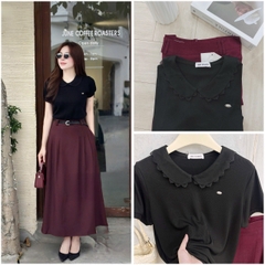 Set728- Set công sở áo tắm cổ ren phối chân váy midi dài