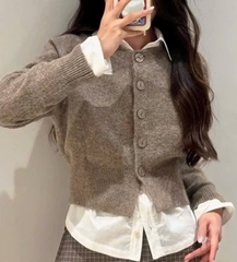 A421-Aó len cadigan dáng lỡ màu nâu