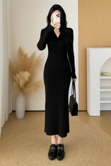 Dam186- đầm len tăm cổ đức 2 màu đen- be dáng dài 110cm