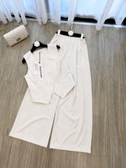 SET1009- Set áo đũi linen sát nách phối quần suông be