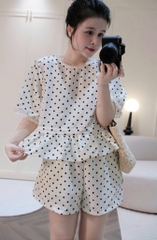 SET992-Set dáng BABYDOLL màu be chấm bi đen quần cộc