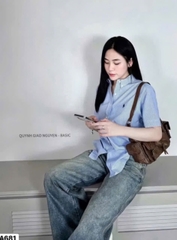 🍀A256- Áo sơ mi kẻ xanh thêu ngựa cổ đức chất thô lụa