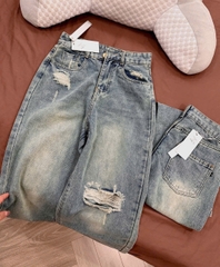 QUAN015-QUẦN JEANS SUÔNG RÁCH 1 BÊN MÀU NHẠT