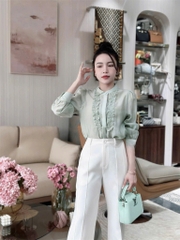 A136-Áo sơ mi nữ voan tơ bèo cổ 2 màu xanh xám