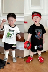 BT843-Combo 2 bộ thun cotton cộc tay bé trai Siêu nhân đen trắng 9-26kg