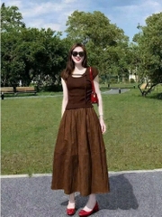 SET1006- Set áo cotton nâu đính hoa phối chân váy midi dài