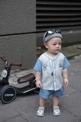 BT613- Bộ viền kẻ xanh cotton thêu chữ