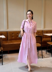 Dam191- Váy midi kẻ hồng kèm đai