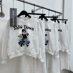 Set855- Bộ nỉ xám in chữ SLOW quần suông