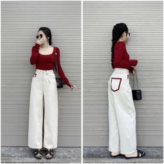 QUAN012- Quần jeans suông túi thêu đỏ 2 màu trắng,xanh