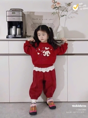 Bt758- Bộ nỉ đỏ viền ren trắng đính gấu nổi chất nỉ hai da cao cấp