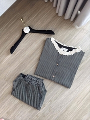 SET577- Set thun kẻ đen ngang viền ren dáng cộc chất mềm