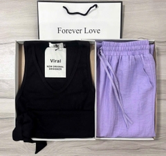 Set672- Set áo thun đen mix Quần đũi tím cạp chun