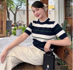 A674-Áo len cộc tay kẻ ngang xanh trắng hàng nhà máy đủ tem