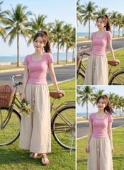SET1018-Set thun cộc áo hồng kèm quần suông