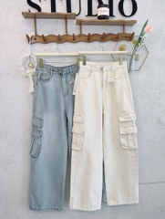 Quan063- QUẦN jean suông túi hộp 2 màu xanh trắng
