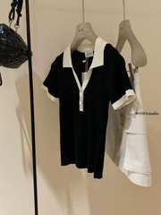 A310- Áo polo len dệt kim cộc tay vải tăm 2 màu đen trắng